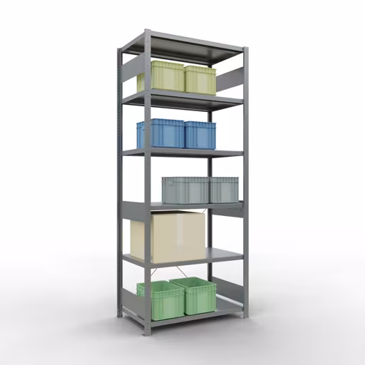 Andere Ansicht des Artikels Grundregal, Fachbodenregal Stecksystem MULTIplus250, 2500 x 1000 x 600 mm (HxBxT), 6 Fachböden, Kreuzstrebe, verzinkt aus der Kategorie Stecksystem
