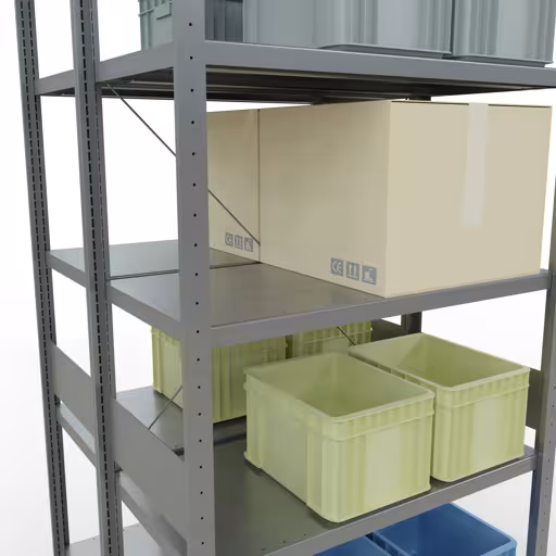 Produktbild Nr.7 des Artikels Grundregal, Doppelregal, Fachbodenregal Stecksystem MULTIplus250, 3000 x 1000 x (2x500) mm (HxBxT), 2x7 Fachböden, Kreuzstrebe, verzinkt aus der Produktreihe Fachbodenregale von der Marke Schulte Lagertechnik