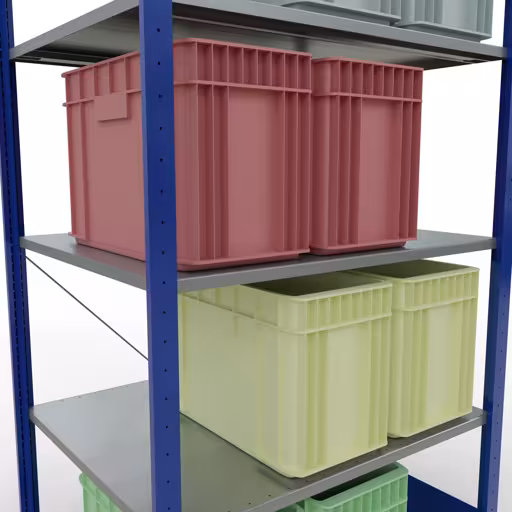 Andere Ansicht des Artikels Grundregal, Fachbodenregal Stecksystem MULTIplus150, 2000 x 1000 x 800 mm (HxBxT), 5 Fachböden, Kreuzstrebe, RAL 5010/verzinkt aus der Kategorie Stecksystem