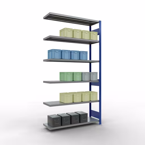 Anbauregal, Fachbodenregal Stecksystem MULTIplus250, 2500 x 1300 x 400 mm (HxBxT), 6 Fachböden, Längenriegel, RAL 5010 enzianblau/verzinkt von der Marke Schulte Lagertechnik aus der Produktreihe Stecksystem