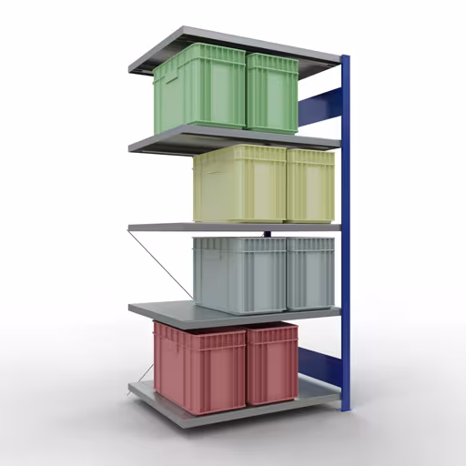Produktbild Nr.6 des Artikels Anbauregal, Fachbodenregal Stecksystem MULTIplus250, 2000 x 1000 x 800 mm (HxBxT), 5 Fachböden, Kreuzstrebe, RAL 5010 enzianblau/verzinkt aus der Produktreihe Stecksystem von der Marke Schulte Lagertechnik