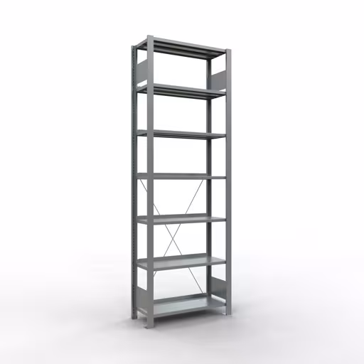 Grundregal, Büro-Fachbodenregal Stecksystem MULTIplus85, 2300 x 750 x 300 mm (HxBxT), 7 Fachböden, Kreuzstrebe, verzinkt, mit Anschlagleiste von der Marke Schulte Lagertechnik Grundregal, Büro-Fachbodenregal Stecksystem MULTIplus85, 2300 x 750 x 300 mm (HxBxT), 7 Fachböden, Kreuzstrebe, verzinkt, mit Anschlagleiste aus der Kategorie Stecksystem mit der Artikelnummer 17712