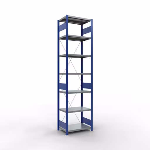 Grundregal, Fachbodenregal Stecksystem MULTIplus250, 3000 x 750 x 500 mm (HxBxT), 7 Fachböden, Kreuzstrebe, RAL 5010 enzianblau/verzinkt/verzinkt aus der Kategorie Grundregal mit der Artikelnummer 12952-75-B
