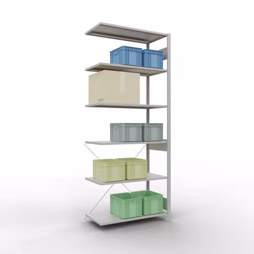 Abbildung Nr 15 des Artikels Anbauregal, Fachbodenregal Stecksystem MULTIplus85, 2500 x 1000 x 500 mm (HxBxT), 6 Fachböden, Kreuzstrebe, RAL 7035 lichtgrau aus der Produktgruppe Stecksystem von der Marke Schulte Lagertechnik