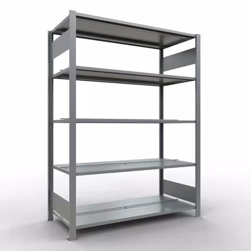 Grundregal, Büro-Fachbodenregal Stecksystem MULTIplus150, 1800 x 1300 x 600 mm (HxBxT), 5 Fachböden, Längenriegel, verzinkt, mit Mittelanschlag aus der Kategorie Stecksystem mit der Artikelnummer 17738
