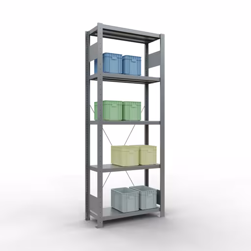 Zusatzbild des Artikels Grundregal, Fachbodenregal Stecksystem MULTIplus250, 2000 x 750 x 300 mm (HxBxT), 5 Fachböden, Kreuzstrebe, verzinkt aus Grundregal