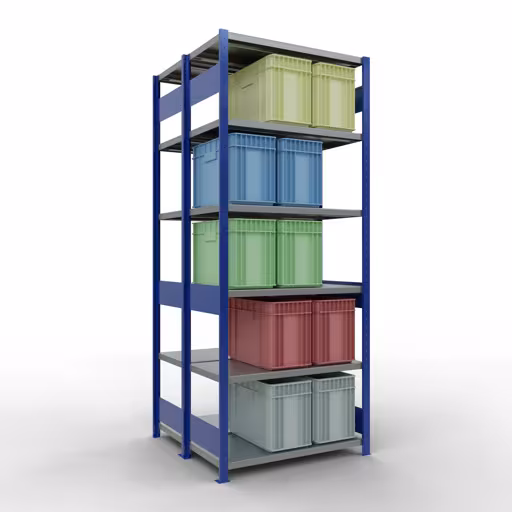 Zusatzbild des Artikels Grundregal, Doppelregal, Fachbodenregal Stecksystem MULTIplus250, 2500 x 1000 x (2x500) mm (HxBxT), 2x6 Fachböden, Längenriegel, RAL 5010 enzianblau aus Doppelregale