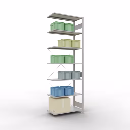 Abbildung Nr 8 des Artikels Anbauregal, Fachbodenregal Stecksystem MULTIplus150, 3000 x 1000 x 500 mm (HxBxT), 7 Fachböden, Kreuzstrebe, RAL 7035 lichtgrau aus der Produktgruppe Stecksystem von der Marke Schulte Lagertechnik
