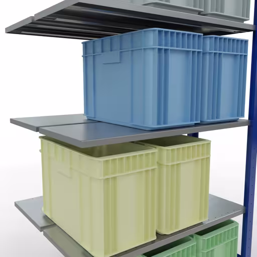 Produktbild Nr.12 des Artikels Anbauregal, Doppelregal, Fachbodenregal Stecksystem MULTIplus150, 2000 x 1000 x (2x400) mm (HxBxT), 2x5 Fachböden, Längenriegel, RAL 5010 enzianblau aus der Produktreihe Fachbodenregale von der Marke Schulte Lagertechnik
