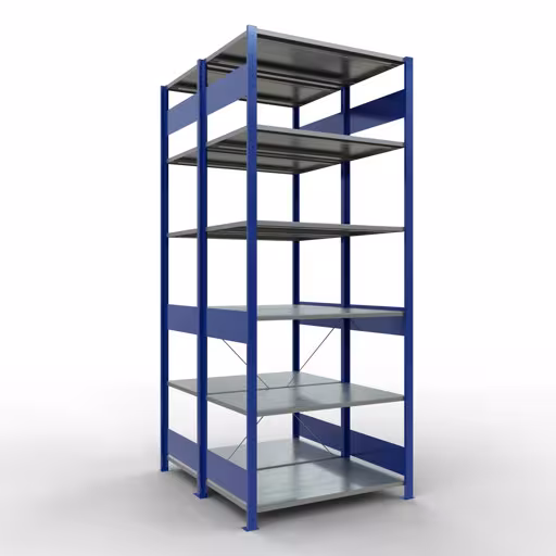 Grundregal, Doppelregal, Fachbodenregal Stecksystem MULTIplus150, 2500 x 1000 x (2x600) mm (HxBxT), 2x6 Fachböden, Kreuzstrebe, RAL 5010 enzianblau aus der Kategorie Doppelregale mit der Artikelnummer 32761-B