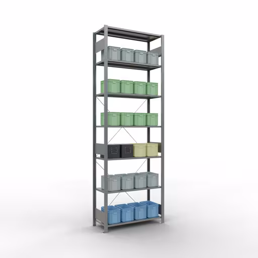 Abbildung Nr 7 des Artikels Grundregal, Fachbodenregal Stecksystem MULTIplus85, 3000 x 1000 x 400 mm (HxBxT), 7 Fachböden, Kreuzstrebe, verzinkt aus der Produktgruppe Stecksystem von der Marke Schulte Lagertechnik
