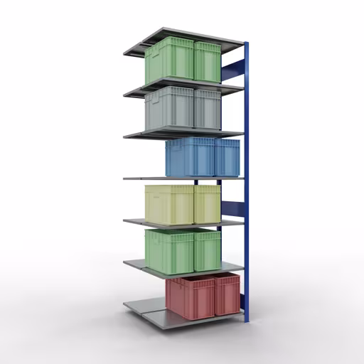 Anbauregal, Doppelregal, Fachbodenregal Stecksystem MULTIplus150, 3000 x 1000 x (2x500) mm (HxBxT), 2x7 Fachböden, Längenriegel, RAL 5010 enzianblau von Schulte Lagertechnik mit der Artikelnr. 33157-B