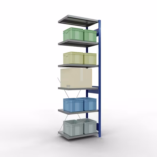 Abbildung Nr 13 des Artikels Anbauregal, Fachbodenregal Stecksystem MULTIplus250, 2500 x 750 x 500 mm (HxBxT), 6 Fachböden, Kreuzstrebe, RAL 5010 enzianblau/verzinkt/verzinkt aus der Produktgruppe Stecksystem von der Marke Schulte Lagertechnik