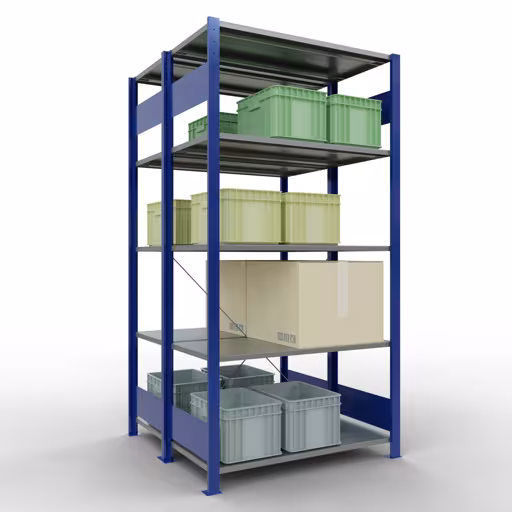 Andere Ansicht des Artikels Grundregal, Doppelregal, Fachbodenregal Stecksystem MULTIplus150, 2000 x 1000 x (2x500) mm (HxBxT), 2x5 Fachböden, Kreuzstrebe, RAL 5010 enzianblau aus der Kategorie Fachbodenregale