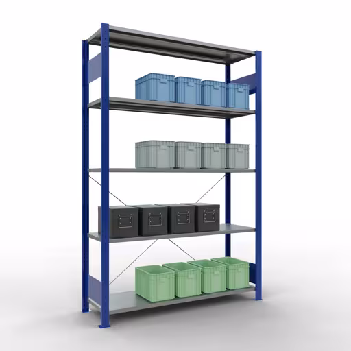 Grundregal, Fachbodenregal Stecksystem MULTIplus150, 2000 x 1300 x 400 mm (HxBxT), 5 Fachböden, Kreuzstrebe, RAL 5010 enzianblau/verzinkt von der Marke Schulte Lagertechnik aus der Produktreihe Stecksystem