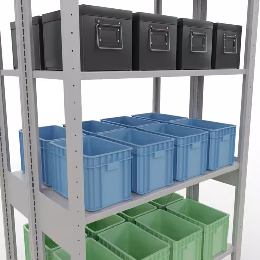 Abbildung Nr 13 des Artikels Grundregal, Doppelregal, Fachbodenregal Stecksystem MULTIplus150, 2500 x 1000 x (2x300) mm (HxBxT), 2x6 Fachböden, Kreuzstrebe, RAL 7035 lichtgrau aus der Produktgruppe Fachbodenregale von der Marke Schulte Lagertechnik