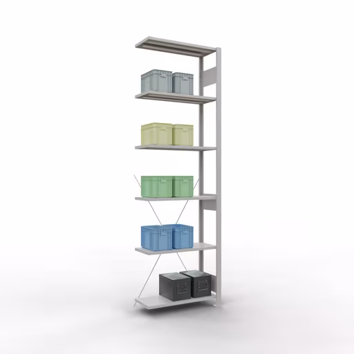 Produktbild Nr.6 des Artikels Anbauregal, Fachbodenregal Stecksystem MULTIplus150, 2500 x 750 x 300 mm (HxBxT), 6 Fachböden, Kreuzstrebe, RAL 7035 lichtgrau aus der Produktreihe Stecksystem von der Marke Schulte Lagertechnik