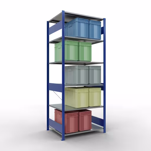 Grundregal, Fachbodenregal Stecksystem MULTIplus150, 2500 x 1000 x 800 mm (HxBxT), 6 Fachböden, Kreuzstrebe, RAL 5010/verzinkt von Schulte Lagertechnik mit der Artikelnr. 12581-B