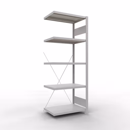 Anbauregal, Fachbodenregal Stecksystem MULTIplus250, 2000 x 750 x 500 mm (HxBxT), 5 Fachböden, Kreuzstrebe, RAL 7035 lichtgrau aus der Kategorie Anbauregal mit der Artikelnummer 32855-75