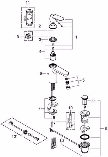 Technische Zeichnung 4050351 GROHE Einhand-Waschtischbatterie Eurosmart C 23325 mittelhoch Zugstangen-Ablaufgarnitur chrom