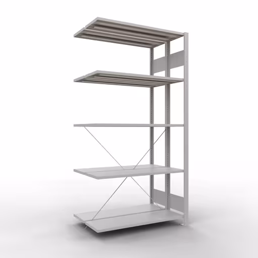 Anbauregal, Doppelregal, Fachbodenregal Stecksystem MULTIplus150, 2000 x 1000 x (2x300) mm (HxBxT), 2x5 Fachböden, Kreuzstrebe, RAL 7035 lichtgrau aus der Kategorie Doppelregale mit der Artikelnummer 32735