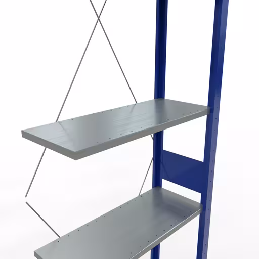 Zusatzbild des Artikels Anbauregal, Fachbodenregal Stecksystem MULTIplus150, 3000 x 750 x 300 mm (HxBxT), 7 Fachböden, Kreuzstrebe, RAL 5010 enzianblau/verzinkt/verzinkt aus Anbauregal