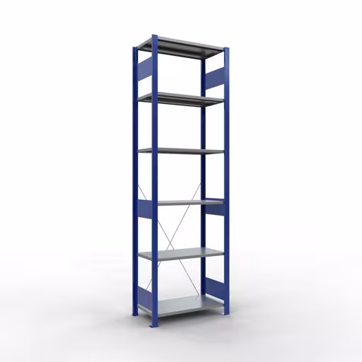 Grundregal, Fachbodenregal Stecksystem MULTIplus150, 2500 x 750 x 400 mm (HxBxT), 6 Fachböden, Kreuzstrebe, RAL 5010 enzianblau/verzinkt/verzinkt aus der Kategorie Grundregal mit der Artikelnummer 12741-75-B