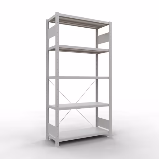 Grundregal, Fachbodenregal Stecksystem MULTIplus250, 2000 x 1000 x 400 mm (HxBxT), 5 Fachböden, Kreuzstrebe, RAL 7035 lichtgrau aus der Kategorie Grundregal mit der Artikelnummer 32840