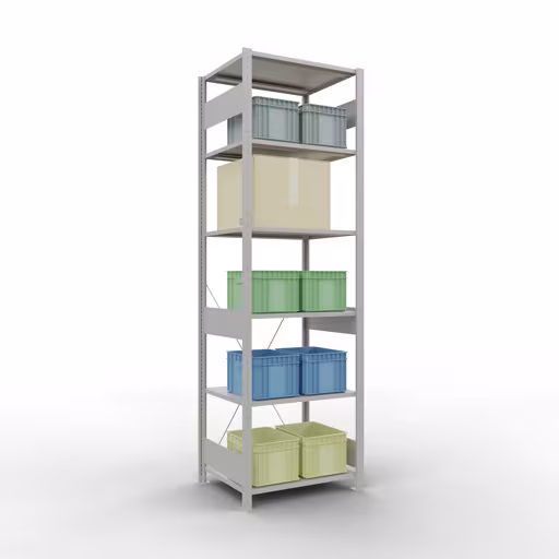 Grundregal, Fachbodenregal Stecksystem MULTIplus150, 2500 x 750 x 600 mm (HxBxT), 6 Fachböden, Kreuzstrebe, RAL 7035 lichtgrau von Schulte Lagertechnik aus der Kategorie Stecksystem