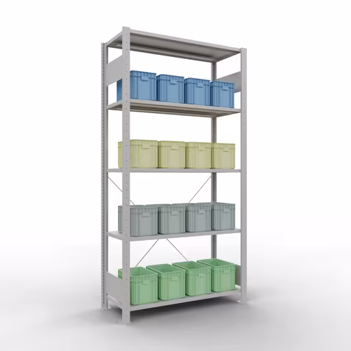 Abbildung Nr 13 des Artikels Grundregal, Fachbodenregal Stecksystem MULTIplus150, 2000 x 1000 x 400 mm (HxBxT), 5 Fachböden, Kreuzstrebe, RAL 7035 lichtgrau aus der Produktgruppe Stecksystem von der Marke Schulte Lagertechnik