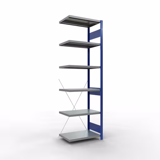 Anbauregal, Fachbodenregal Stecksystem MULTIplus250, 2500 x 750 x 500 mm (HxBxT), 6 Fachböden, Kreuzstrebe, RAL 5010 enzianblau/verzinkt/verzinkt aus der Kategorie Anbauregal mit der Artikelnummer 12956-75-B
