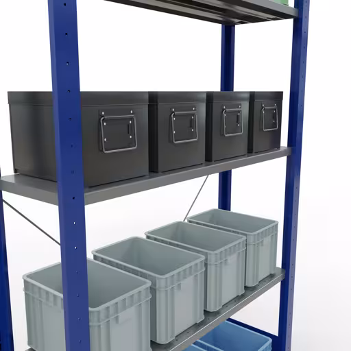 Abbildung Nr 8 des Artikels Grundregal, Fachbodenregal Stecksystem MULTIplus85, 2000 x 1000 x 300 mm (HxBxT), 5 Fachböden, Kreuzstrebe, RAL 5010 enzianblau aus der Produktgruppe Stecksystem von der Marke Schulte Lagertechnik