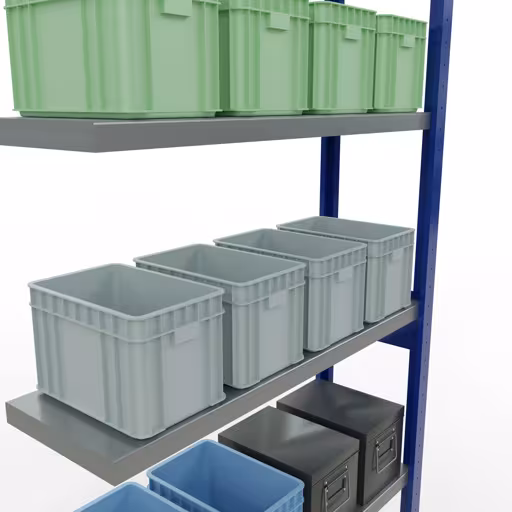 Zusatzbild des Artikels Anbauregal, Fachbodenregal Stecksystem MULTIplus250, 2500 x 1000 x 300 mm (HxBxT), 6 Fachböden, Längenriegel, RAL 5010 enzianblau/verzinkt aus Anbauregal