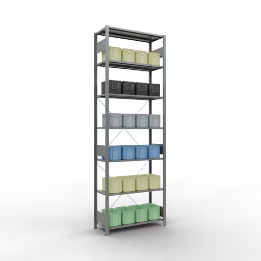 Produktbild Nr 12 des Artikels Grundregal, Fachbodenregal Stecksystem MULTIplus150, 3000 x 1000 x 400 mm (HxBxT), 7 Fachböden, Kreuzstrebe, verzinkt Abbildung Nr 12 des Artikels Grundregal, Fachbodenregal Stecksystem MULTIplus150, 3000 x 1000 x 400 mm (HxBxT), 7 Fachböden, Kreuzstrebe, verzinkt aus der Produktgruppe Stecksystem von der Marke Schulte Lagertechnik