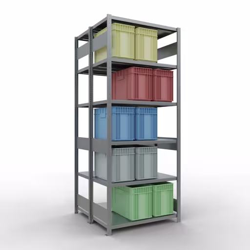 Grundregal, Doppelregal, Fachbodenregal Stecksystem MULTIplus250, 2500 x 1000 x (2x500) mm (HxBxT), 2x6 Fachböden, Längenriegel, verzinkt von Schulte Lagertechnik mit der Artikelnr. 17951