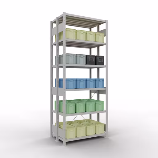 Grundregal, Doppelregal, Fachbodenregal Stecksystem MULTIplus250, 2500 x 1000 x (2x300) mm (HxBxT), 2x6 Fachböden, Kreuzstrebe, RAL 7035 lichtgrau von der Marke Schulte Lagertechnik aus der Produktreihe Fachbodenregale