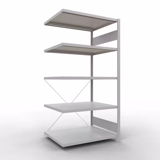Anbauregal, Fachbodenregal Stecksystem MULTIplus250, 2000 x 1000 x 800 mm (HxBxT), 5 Fachböden, Kreuzstrebe, RAL 7035 lichtgrau aus der Kategorie Anbauregal mit der Artikelnummer 32885