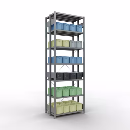 Grundregal, Doppelregal, Fachbodenregal Stecksystem MULTIplus250, 3000 x 1000 x (2x300) mm (HxBxT), 2x7 Fachböden, Kreuzstrebe, verzinkt mit der GTIN 4058255035342 Grundregal, Doppelregal, Fachbodenregal Stecksystem MULTIplus250, 3000 x 1000 x (2x300) mm (HxBxT), 2x7 Fachböden, Kreuzstrebe, verzinkt von Schulte Lagertechnik mit der Artikelnr. 14232-G