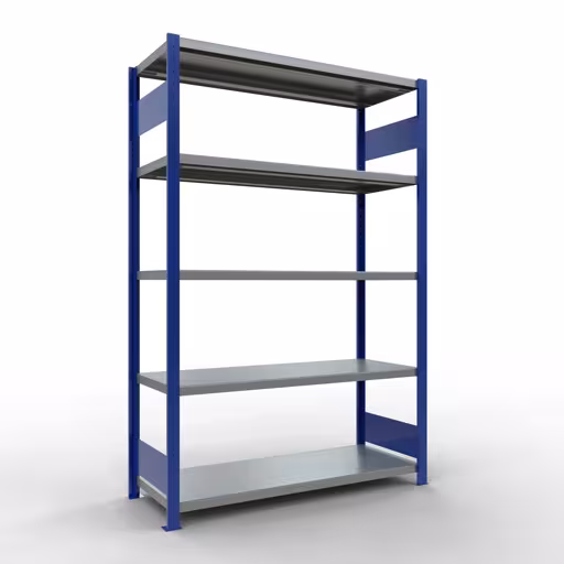 Grundregal, Fachbodenregal Stecksystem MULTIplus250, 2000 x 1300 x 500 mm (HxBxT), 5 Fachböden, Längenriegel, RAL 5010 enzianblau/verzinkt aus der Kategorie Grundregal mit der Artikelnummer 12950-130-LR-B
