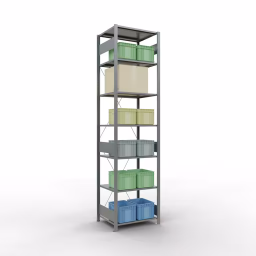 Produktbild Nr.13 des Artikels Grundregal, Fachbodenregal Stecksystem MULTIplus150, 3000 x 750 x 600 mm (HxBxT), 7 Fachböden, Kreuzstrebe, verzinkt aus der Produktreihe Stecksystem von der Marke Schulte Lagertechnik