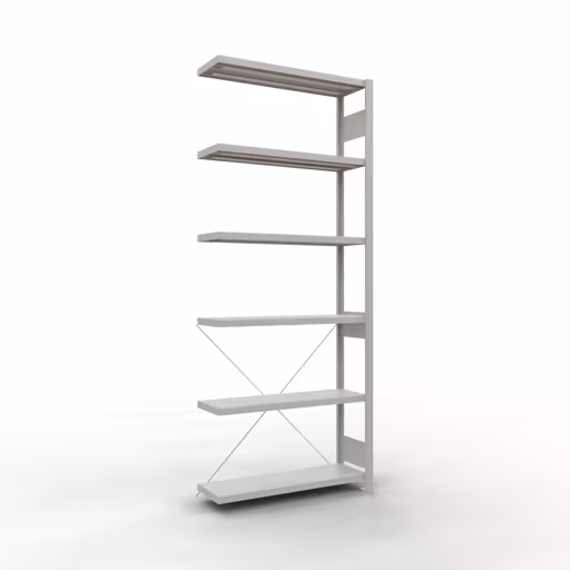 Anbauregal, Fachbodenregal Stecksystem MULTIplus330, 2500 x 1000 x 300 mm (HxBxT), 6 Fachböden, Kreuzstrebe, RAL 7035 lichtgrau aus der Kategorie Anbauregal mit der Artikelnummer 33836