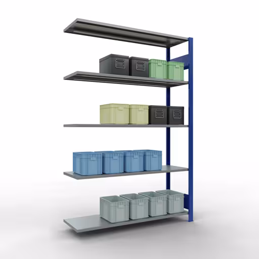 Andere Ansicht des Artikels Anbauregal, Fachbodenregal Stecksystem MULTIplus150, 2000 x 1300 x 400 mm (HxBxT), 5 Fachböden, Längenriegel, RAL 5010 enzianblau/verzinkt aus der Kategorie Anbauregal