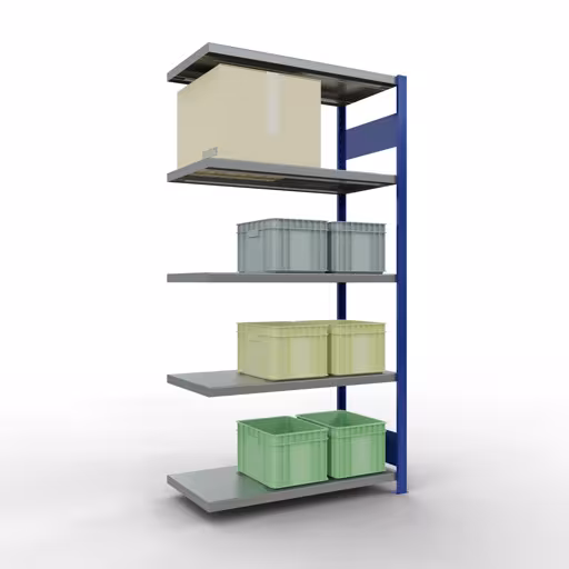 Abbildung Nr 14 des Artikels Anbauregal, Fachbodenregal Stecksystem MULTIplus330, 2000 x 1000 x 500 mm (HxBxT), 5 Fachböden, Längenriegel, RAL 5010 enzianblau/verzinkt aus der Produktgruppe Stecksystem von der Marke Schulte Lagertechnik