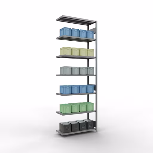 Produktbild Nr 15 des Artikels Anbauregal, Fachbodenregal Stecksystem MULTIplus330, 3000 x 1000 x 400 mm (HxBxT), 7 Fachböden, Längenriegel, verzinkt Abbildung Nr 15 des Artikels Anbauregal, Fachbodenregal Stecksystem MULTIplus330, 3000 x 1000 x 400 mm (HxBxT), 7 Fachböden, Längenriegel, verzinkt aus der Produktgruppe Stecksystem von der Marke Schulte Lagertechnik