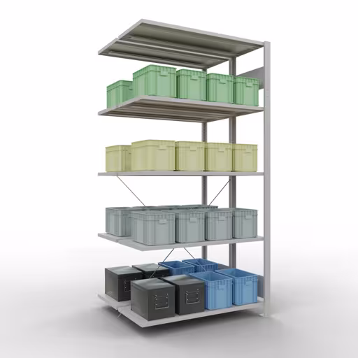 Abbildung Nr 7 des Artikels Anbauregal, Doppelregal, Fachbodenregal Stecksystem MULTIplus150, 2000 x 1000 x (2x400) mm (HxBxT), 2x5 Fachböden, Kreuzstrebe, RAL 7035 lichtgrau aus der Produktgruppe Fachbodenregale von der Marke Schulte Lagertechnik