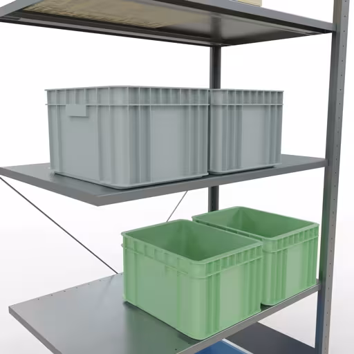 Produktbild Nr.13 des Artikels Anbauregal, Fachbodenregal Stecksystem MULTIplus150, 2000 x 1000 x 600 mm (HxBxT), 5 Fachböden, Kreuzstrebe, verzinkt - Expressline aus der Produktreihe Stecksystem von der Marke Schulte Lagertechnik