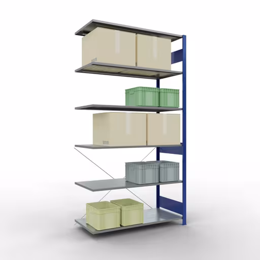 Anbauregal, Fachbodenregal Stecksystem MULTIplus150, 2500 x 1300 x 600 mm (HxBxT), 6 Fachböden, Kreuzstrebe, RAL 5010 enzianblau/verzinkt mit der GTIN 4004514243270 Anbauregal, Fachbodenregal Stecksystem MULTIplus150, 2500 x 1300 x 600 mm (HxBxT), 6 Fachböden, Kreuzstrebe, RAL 5010 enzianblau/verzinkt von Schulte Lagertechnik mit der Artikelnr. 12766-130-B