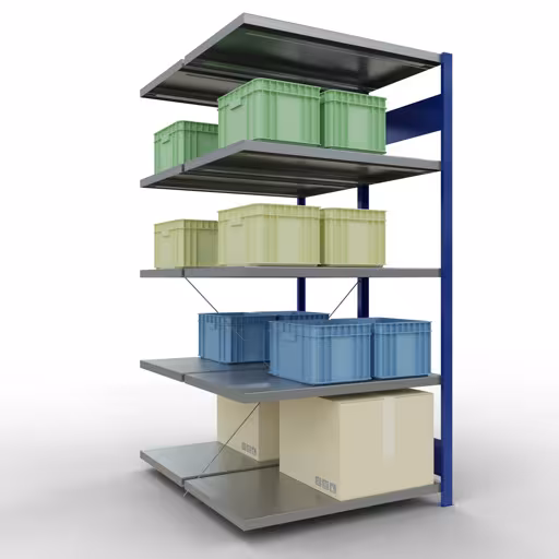 Abbildung Nr 14 des Artikels Anbauregal, Doppelregal, Fachbodenregal Stecksystem MULTIplus250, 2000 x 1000 x (2x600) mm (HxBxT), 2x5 Fachböden, Kreuzstrebe, RAL 5010 enzianblau aus der Produktgruppe Fachbodenregale von der Marke Schulte Lagertechnik