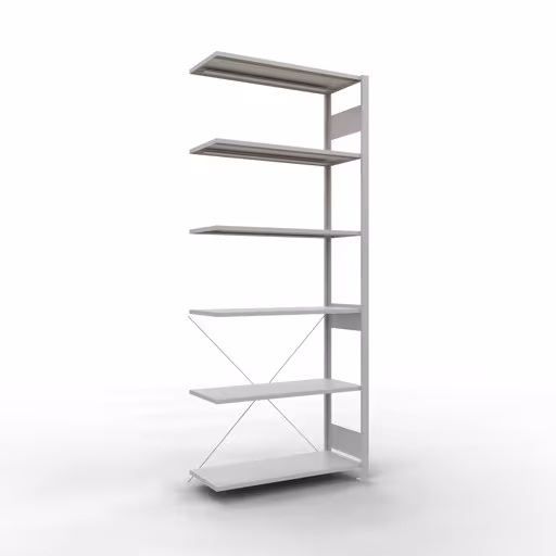 Anbauregal, Fachbodenregal Stecksystem MULTIplus85, 2500 x 1000 x 400 mm (HxBxT), 6 Fachböden, Kreuzstrebe, RAL 7035 lichtgrau aus der Kategorie Anbauregal mit der Artikelnummer 33046