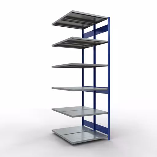 Anbauregal, Doppelregal, Fachbodenregal Stecksystem MULTIplus250, 3000 x 1000 x (2x600) mm (HxBxT), 2x7 Fachböden, Längenriegel, RAL 5010 enzianblau aus der Kategorie Doppelregale mit der Artikelnummer 33267-B